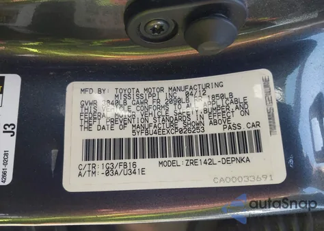 2012 Toyota Corolla Le z USA, uszkodzony, nr VIN 5YFBU4EEXCP026253